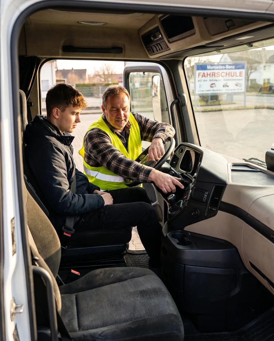 Fahrlehrer und Fahrschüler im Führerhaus eines Lkw