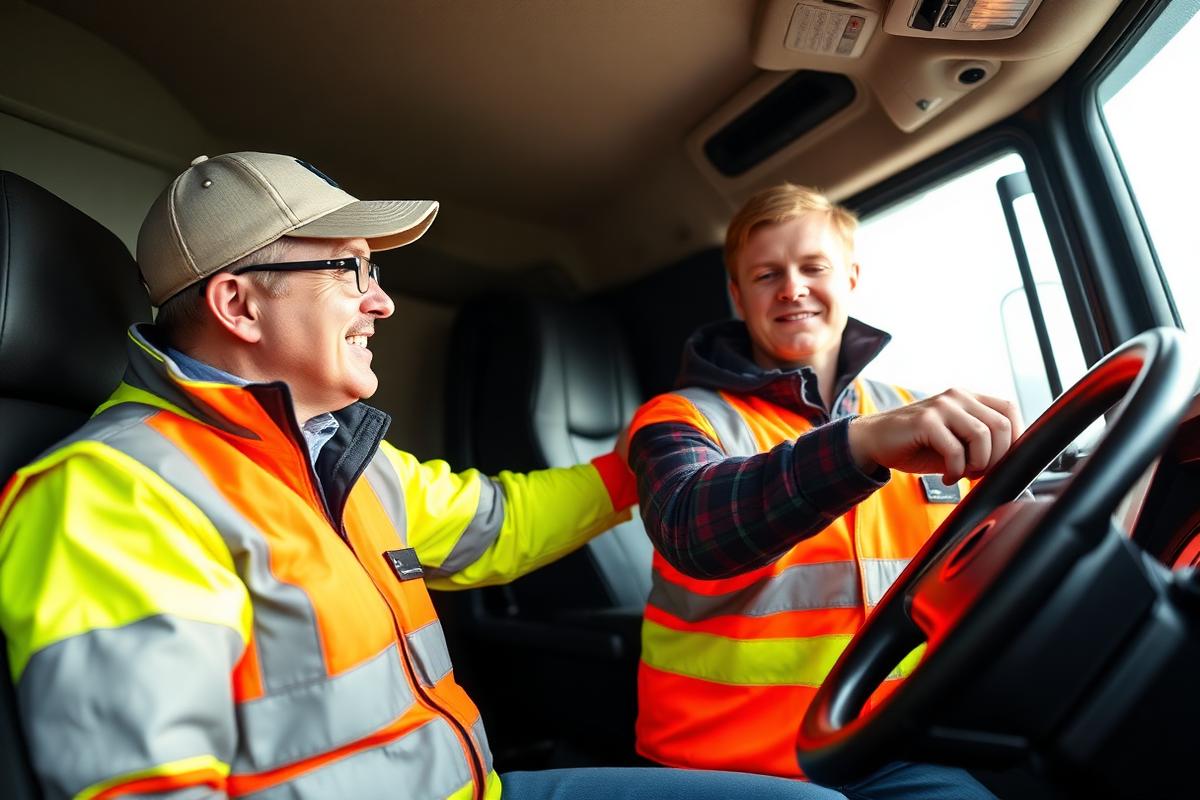 Fahrlehrer mit Fahrschüler im Lkw